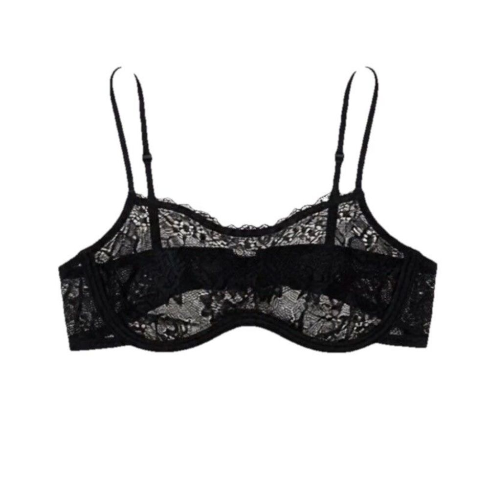 Cotton-On Body Unlined Sheer Bra Sz 32B Black Lace Embroidery Bralette Sexy NWT